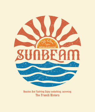 Vintage retro Sunbeam French Riviera Graphic Retro Beach and  Ocean  vector illustration Typography Art