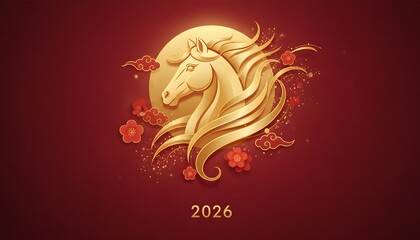 Elegant golden zodiac horse head 2026 Chinese New Year festive red luxury banner background