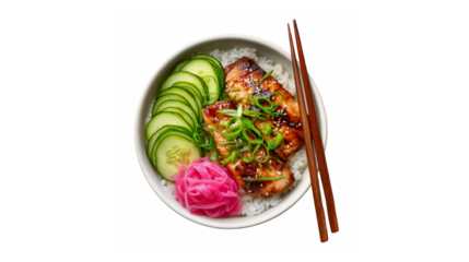 A bowl of white rice topped with grilled salmon, sliced cucumber, pickled ginger, and green onions, accompanied by a pair of chopsticks on the side.