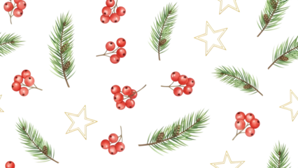 Watercolor christmas botanical pattern with berries pine branches and stars isolated on transparent background