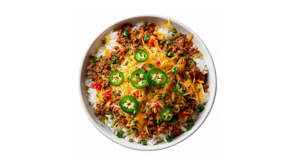 A bowl of white rice topped with seasoned ground beef, melted cheese, sliced jalapenos, and chopped fresh herbs