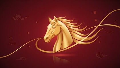Luxurious golden zodiac horse 2026 Chinese New Year red banner with elegant light swirl accents