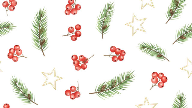 Watercolor christmas botanical pattern with berries pine branches and stars isolated on transparent background