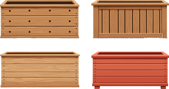 Wooden planter box set in different styles and colors isolated on white background vector illustration