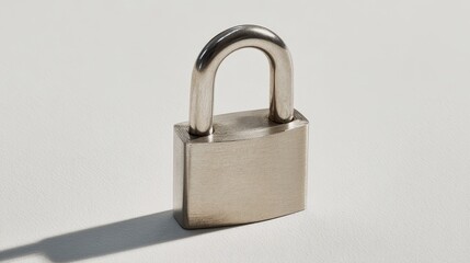 Naklejka premium A simple, close-up studio shot of a shiny, metallic padlock resting on a clean, bright white surface. It casts a dark, elongated shadow