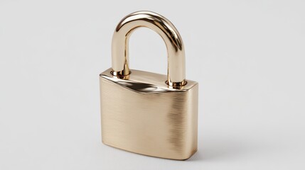 Naklejka premium Close-up of a shiny, golden padlock on a white surface, showcasing its metal texture and sleek design. The arched shackle stands out