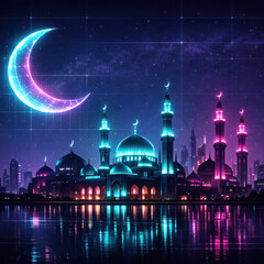 Obraz premium Illuminated Crescent Moon Over Glowing Ramadan City Skyline Reflection Islam Muslim