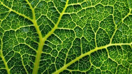 Detailed Close Up of a Green Leaf Showing Vein Structure in Bright Natural Lighting Reveals the Intricate Network of Life in Macro Perspective