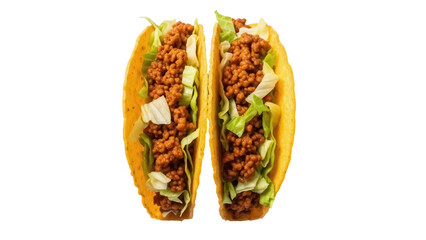 Two delicious tacos with ground beef and lettuce isolated PNG, traditional Mexican food for fast food restaurants and takeout menus