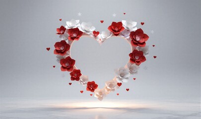 Heart-shaped floral arrangement of red and white paper flowers floating above reflective surface.
