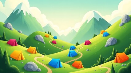 Colorful tents in green mountain landscape.