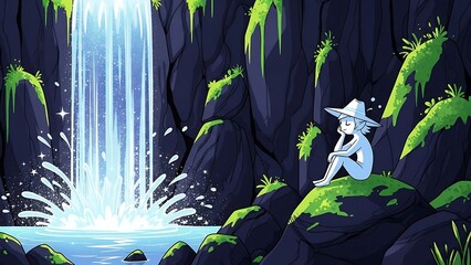Fantasy creature sitting by waterfall.