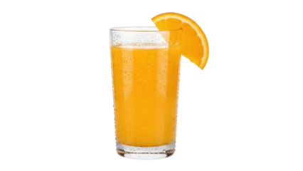 Fresh orange juice in glass with orange slice isolated PNG, healthy drink on transparent background for summer refreshment