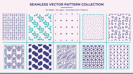 A collection of ten diverse seamless vector patterns, featuring abstract, geometric, and organic designs in blue and teal on a light background, suitable for various graphic applications.
