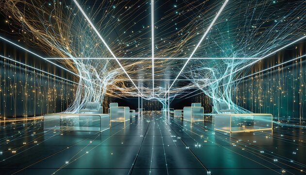 Futuristic office interior with glowing digital data wires and neural networks representing artificial intelligence and global connectivity - Powered by Adobe