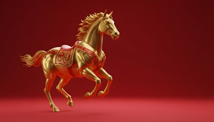 Radiant single golden Chinese zodiac horse trotting on ceremonial crimson New Year stage