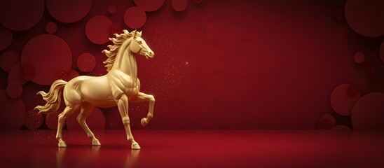 Golden zodiac horse standing proudly on red festive Chinese backdrop