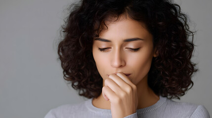 Embracing Introspection: A woman deeply engrossed in thought, hand gently touching her lips, portrays introspection.