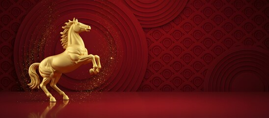 Regal Chinese zodiac horse in gold standing on patterned ceremonial backdrop
