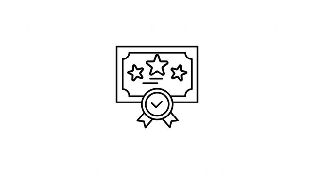Animated outline certificate icon with stars and verification badge in clean line style.
Ideal for certification, achievement, education, online courses, training platforms, and professional approval 