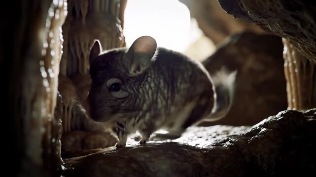 Cute chinchilla explores cave illuminated by sunlight in nature landscape.