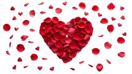 Heart Shape Made of Red Rose Petals with Scattered Petals on White Background