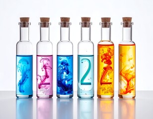 Six bottles with liquid and ink, forming shapes and colors