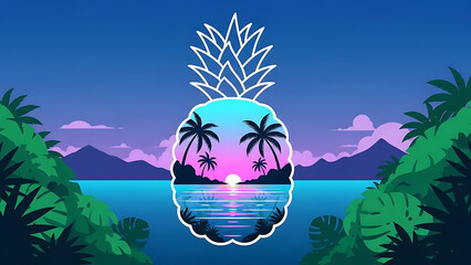 tropical pineapple sunset illustration showcasing a vibrant beach scene with palm trees and ocean for summer vacation promotions and travel branding