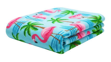Folded light blue beach towel with flamingo and palm tree pattern isolated PNG, summer vacation accessory for travel and swimming © Lukas