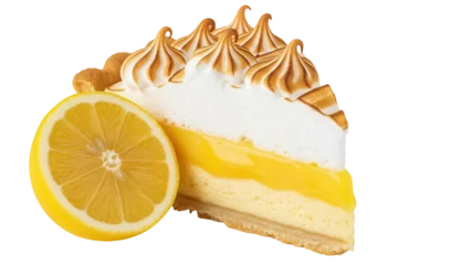 Sierkussen Restaurant Slice of lemon meringue pie with lemon half isolated PNG, delicious dessert on transparent background for bakery and cafe menus  © Lukas
