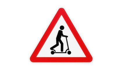 Red triangular warning sign with scooter rider PNG isolated, caution symbol for traffic safety and children s play areas on transparent background