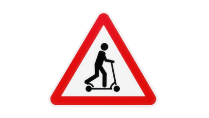 Red triangular warning sign with scooter rider PNG isolated, caution symbol for traffic safety and children s play areas on transparent background
