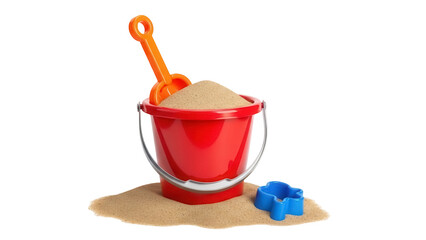 Red beach bucket with sand and orange shovel isolated PNG, summer vacation toys for kids on transparent background © Lukas
