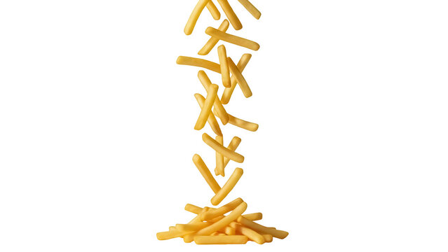 Falling french fries isolated PNG on transparent background, golden crispy potatoes for fast food and restaurant menus