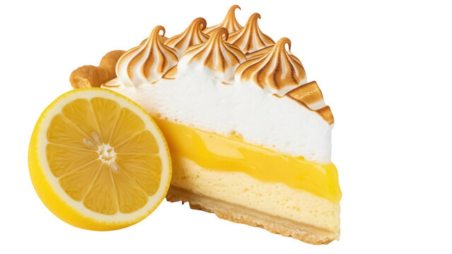 Slice of lemon meringue pie with lemon half isolated PNG, delicious dessert on transparent background for bakery and cafe menus