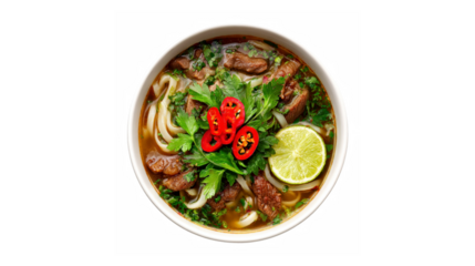 A steaming bowl of beef pho, garnished with fresh herbs, sliced red chili peppers, and a lime wedge, served in a white bowl.