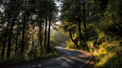 Obraz premium A winding, paved road snakes through a lush, sun-dappled forest with tall trees and vibrant foliage. Soft light filters