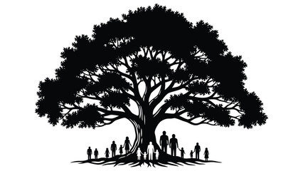 Fototapeta premium A silhouette of a large tree with small figures gathered beneath it