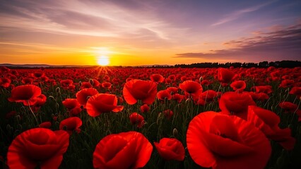 A stunning landscape featuring a vast field of red poppies in full bloom, stretching out towards the horizon. The sun is setting in the background, casting a warm, golden glow over the scene. The sky 