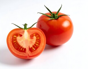 Ripe tomatoes on white backdrop, one halved to show insides