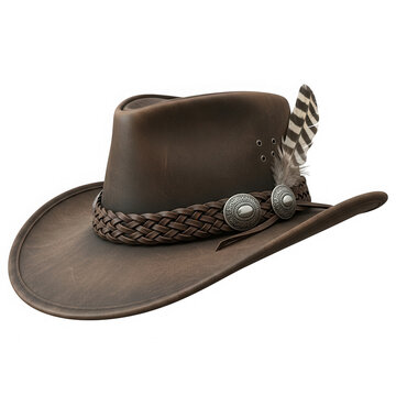 Brown cowboy hat with feather and conchos