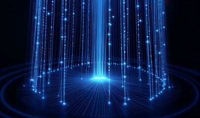 Blue light streams cascade down, converging at center in radiant digital vortex against dark backdrop.
