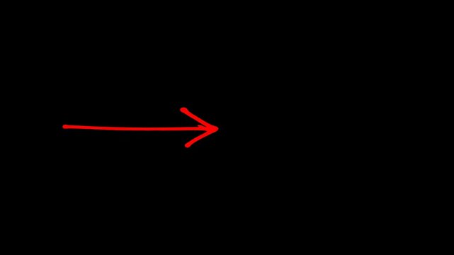 Minimalist red hand-drawn arrow pointing right on a black background ideal for directional indicators navigation and process flow motion graphic animations.
