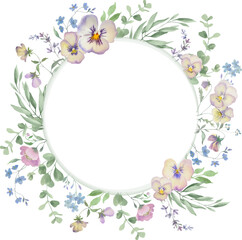 Watercolor round floral frame with delicate viola flowers and soft greenery. Hand-painted botanical wreath. Vector EPS.