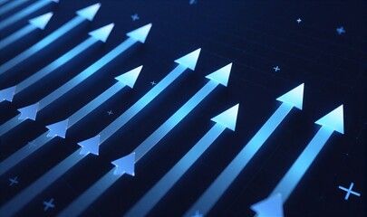 Blue arrows point in various directions on dark grid, symbolizing movement and direction.