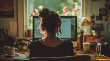 Woman Working at Desk with Computer Surrounded by Natural Light