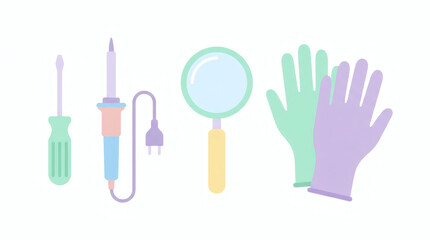 Collection of electronic tools and protective gear, including a soldering iron, screwdriver, magnifying glass, and gloves