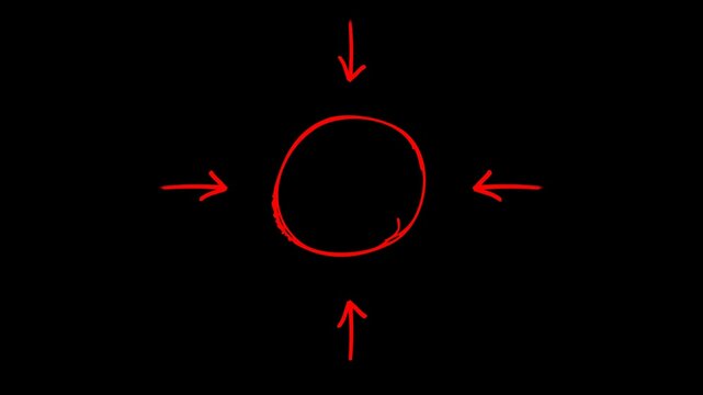 Minimalist red hand-drawn arrows pointing to central circle on black background representing focus, target, goal, and data gathering concept for business.

