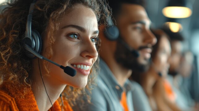 Smiling customer support team with headsets in modern office