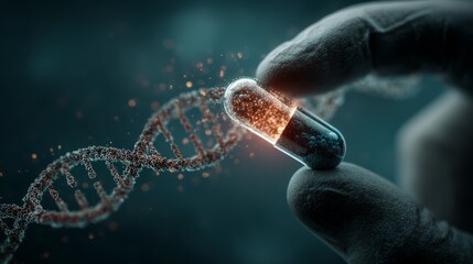 Genetic engineering concept with DNA and glowing capsule